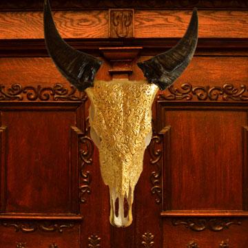CARVED BUFFALO SKULL WITH 24K GOLD